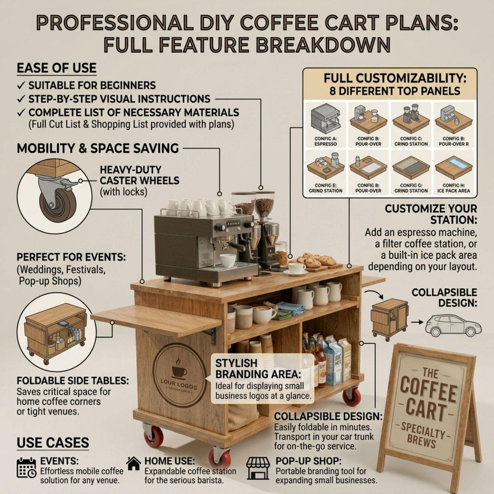 Mobile Folding Coffee Cart DIY Plans PDF | Collapsible Bar Cart for Events - view 10