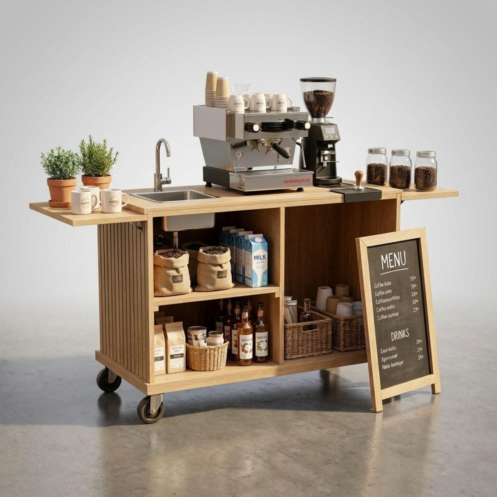 DIY Coffee Cart With Sink Plans PDF | Collapsible Mobile Espresso Bar Blueprint | Handsink Food Cart Build Guide | Fluted Wood Workstation - view 3
